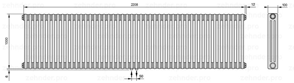 Схема (чертеж) Радиатор Zehnder Charleston 3100/48 №3470 Белый глянцевый RAL 9016
